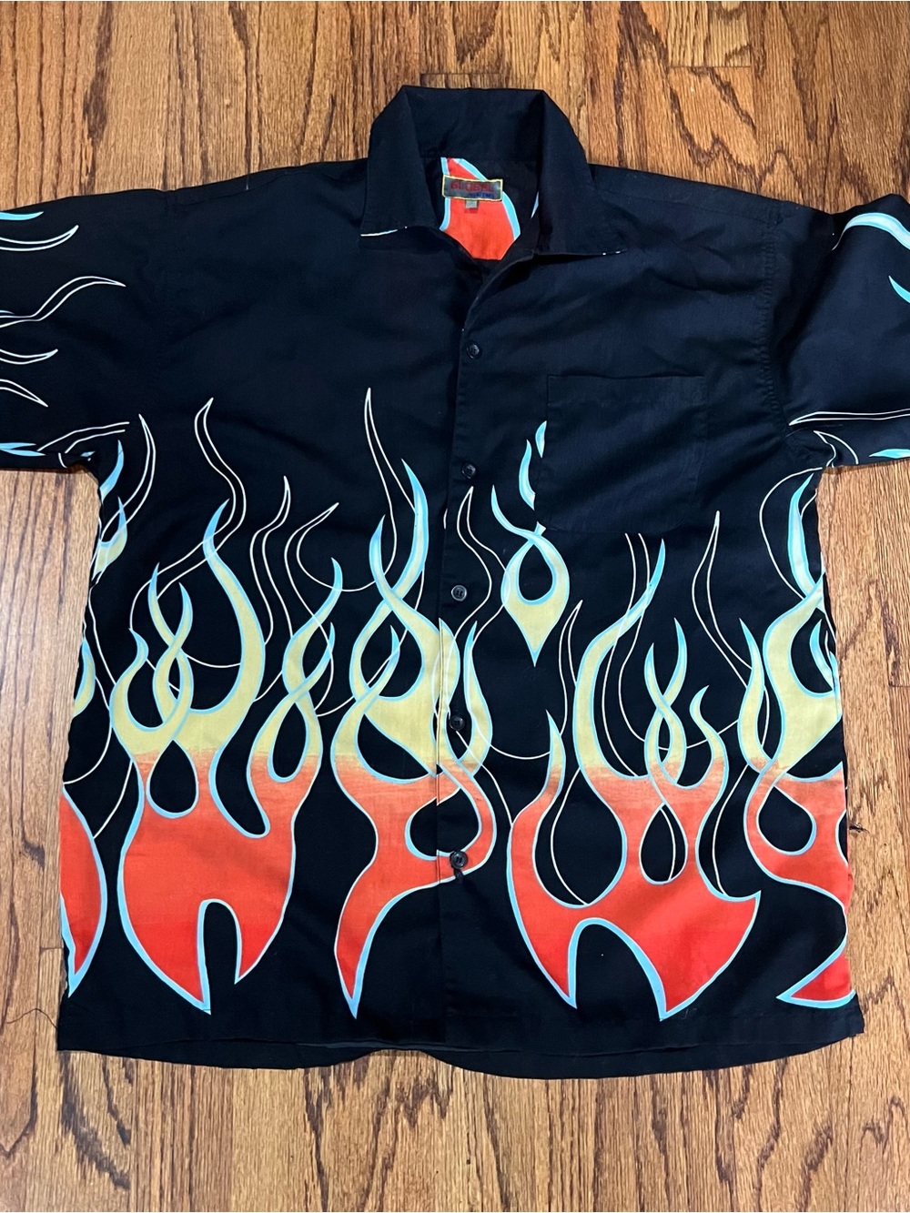 Black Flame Print Short-Sleeve Button-Down Shirt
